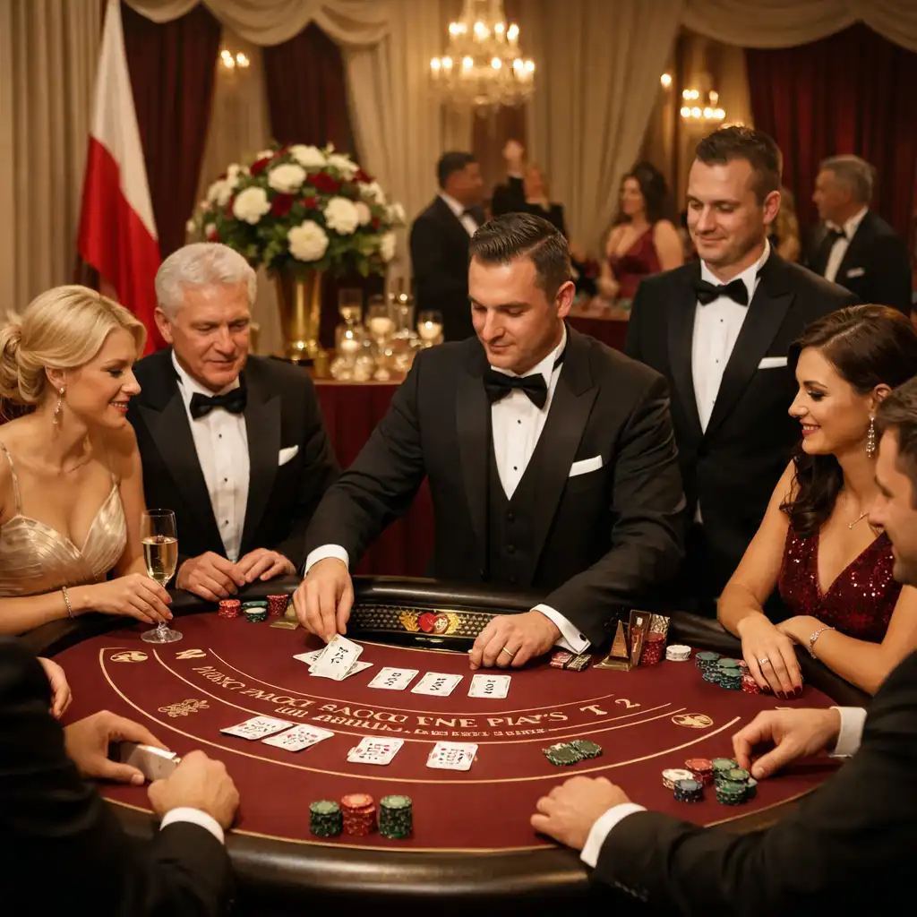 Elegancka scenografia stołu blackjack na ekskluzywnym evencie
