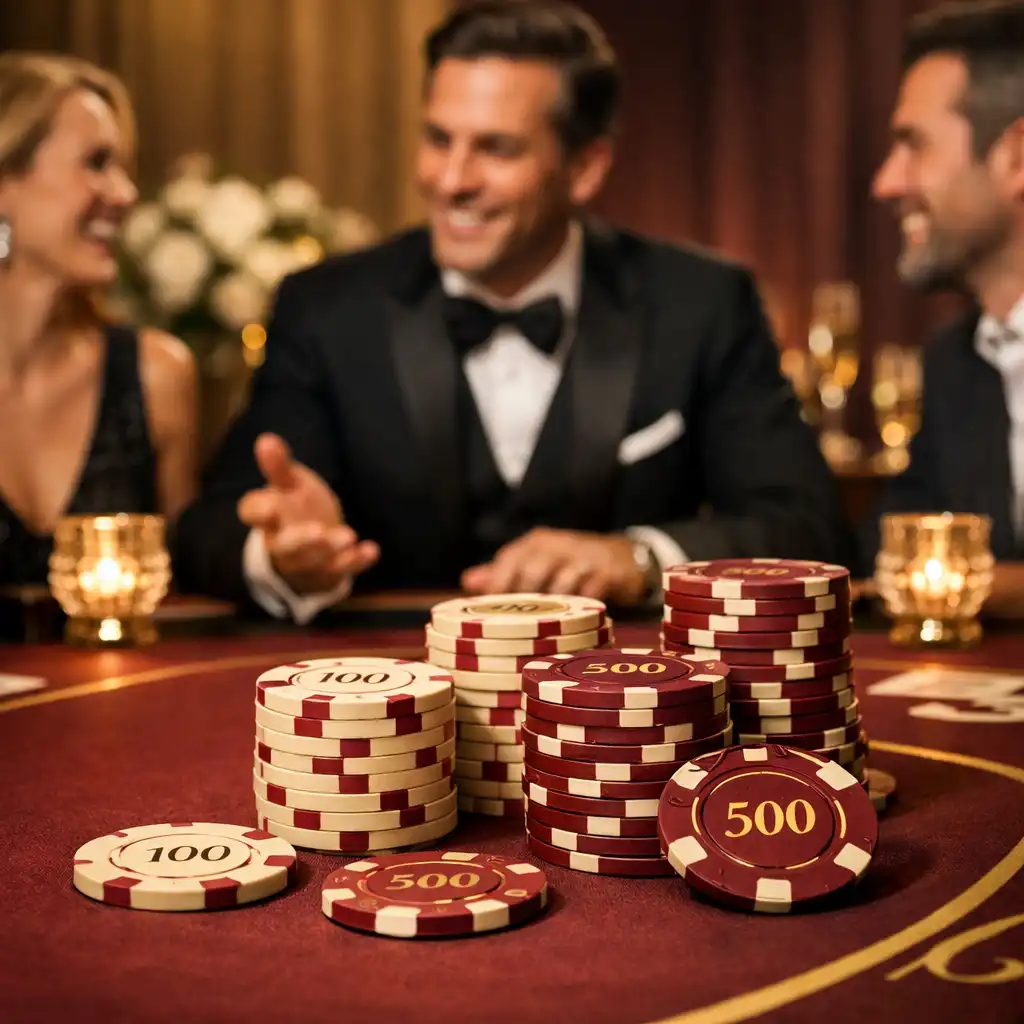 Elegancki stół pokerowy z profesjonalną obsługą podczas wieczoru tematycznego
