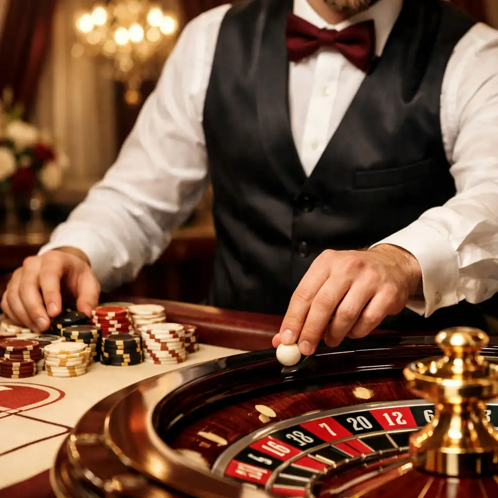 Profesjonalny krupier prowadzący ruletkę eventową podczas eleganckiego wydarzenia
