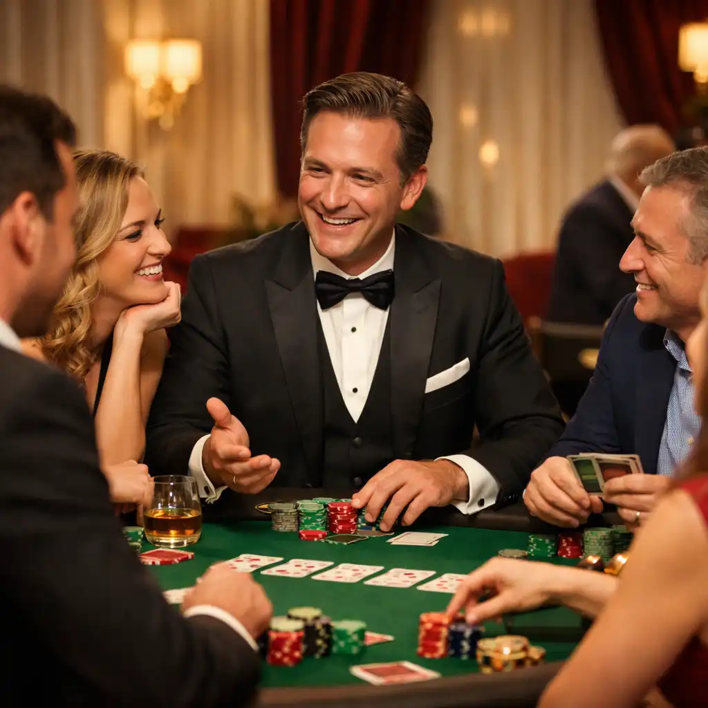 Profesjonalny dealer pokerowy prowadzący moderowaną rozgrywkę z gośćmi